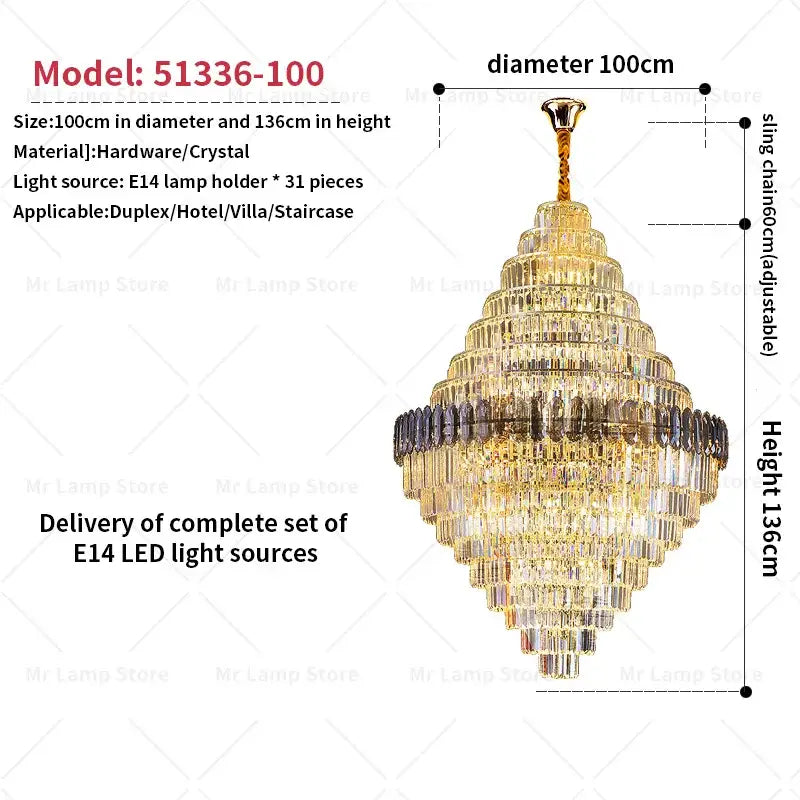Golden-toned decorbites crystal chandelier with multiple tiers of crystal prisms and brass-finished chain for penthouse lighting