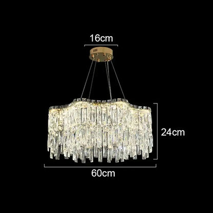 Decorbites crystal chandelier with gold-toned mount and cascading clear glass prisms for luxury bedroom lighting