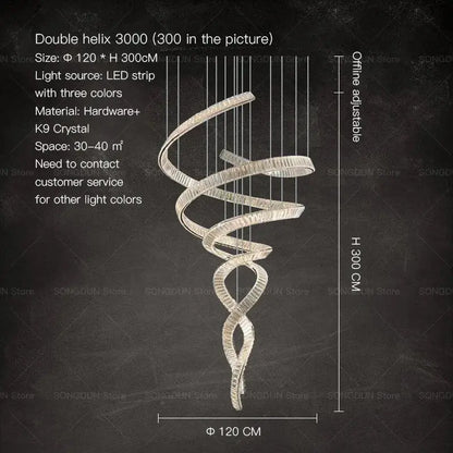 A sleek double helix DecorBites crystal chandelier with metallic finish and embedded k9 crystal luxury designer light