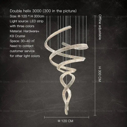 A sleek k9 crystal double helix decorbites crystal chandelier with led strip light for luxury designer light settings