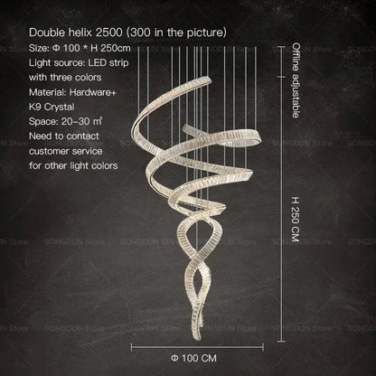 A sleek decorbites crystal chandelier with intertwined metallic bands and k9 crystal accents for luxury designer light