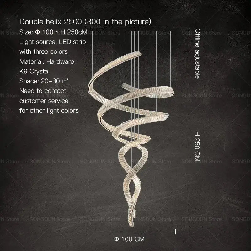 A sleek decorbites crystal chandelier featuring a modern double helix design with clear k9 crystal and led lighting