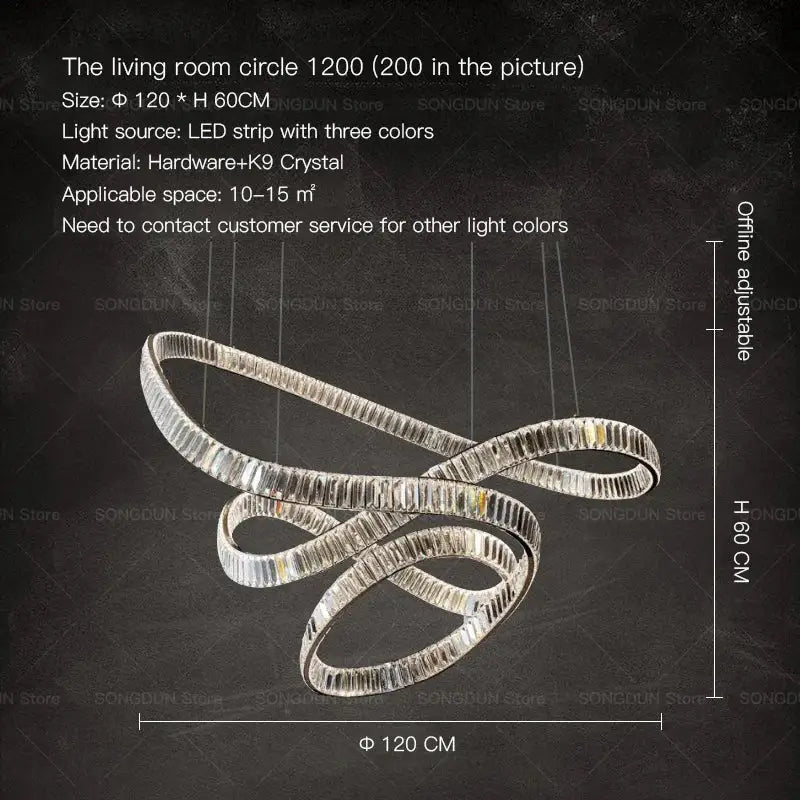 A modern decorbites crystal chandelier with a circular metallic frame and k9 crystal strips for luxury designer light spaces