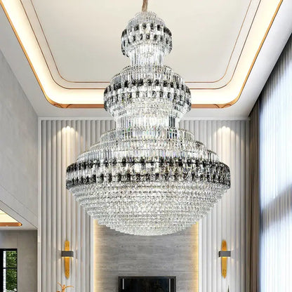 Decorbites crystal chandelier featuring multi-tiered clear and black crystals for luxury duplex interiors