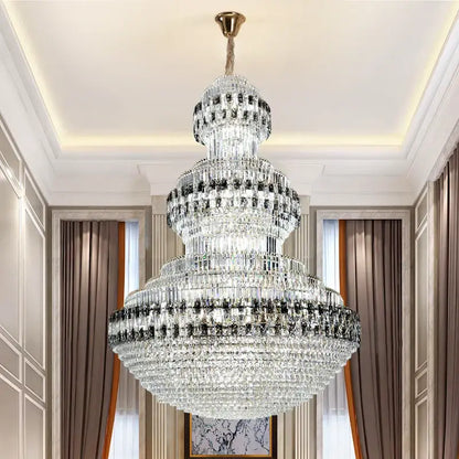 Decorbites crystal chandelier luxury duplex building lamp featuring multi-tiered gold mount with clear and black crystals