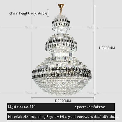 DecorBites crystal chandelier featuring gold-finished top and clear k9 crystals for elegant villa or hall lighting
