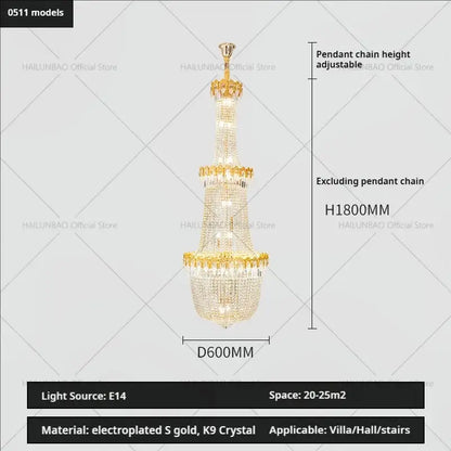 Gold electroplated decorbites crystal chandelier with cascading tiers of k9 crystal for luxury duplex stairwell design