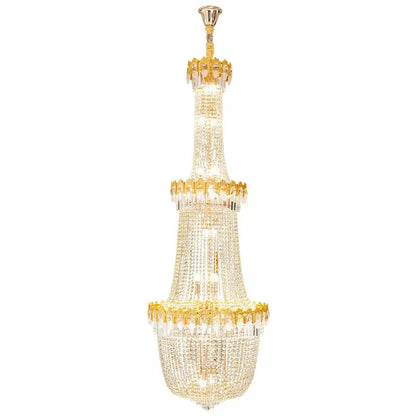 Decorbites crystal chandelier with multi-tiered gold-toned metal and cascading clear crystals for luxury stairwell design