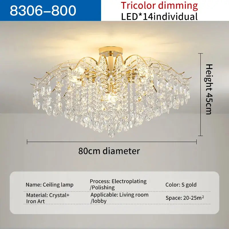 Decorbites crystal chandelier with gold trim and 14 tricolor led lights for luxury french retro and romantic lighting