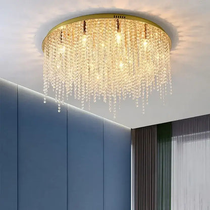 Gold-toned DecorBites crystal chandelier with cascading clear crystal beads LED square ceiling light fixture