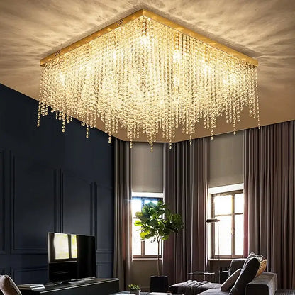 Gold-framed decorbites crystal chandelier with cascading crystal droplets led square ceiling light fixture for living room