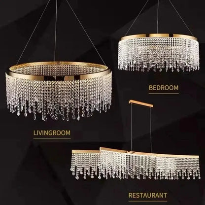 DecorBites crystal chandelier luxury gold LED circle ceiling pendant with clear crystal droplets for living room or restaurant