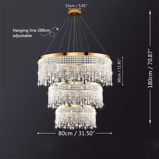 Gold-toned decorbites crystal chandelier with three tiers, cascading clear glass beads, and luxury LED circle design