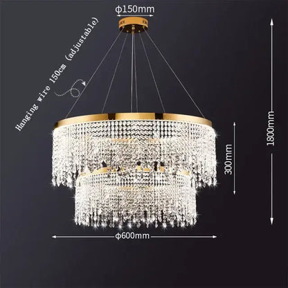 Gold-toned decorbites crystal chandelier with tiered clear crystal droplets and circular brass LED ceiling fixture