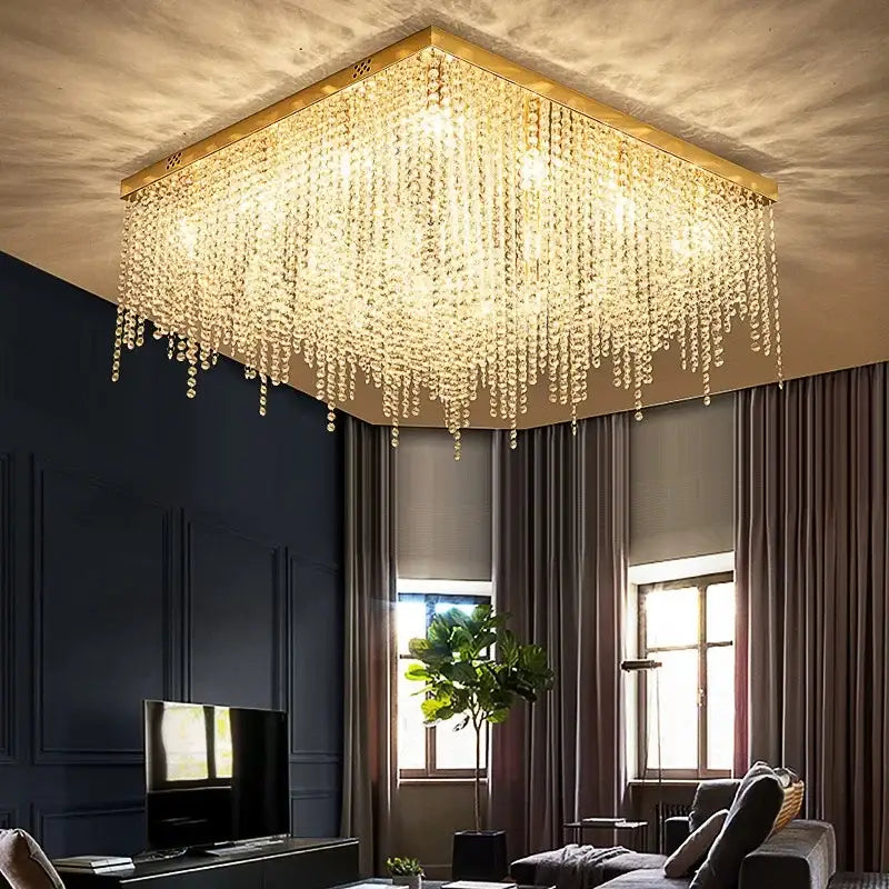 Gold-framed decorbites crystal chandelier with cascading crystal droplets luxury square ceiling light fixture