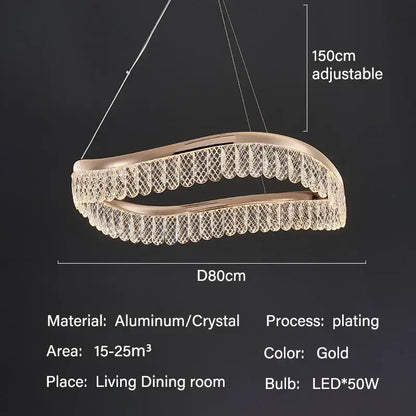 Gold-plated aluminum and crystal decorbites crystal chandelier with a modern wavy design for living and dining rooms