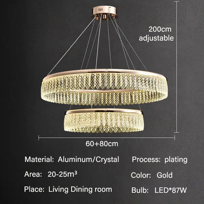 Gold-plated double-tier DecorBites crystal chandelier with cascading crystal strands for luxury LED lighting