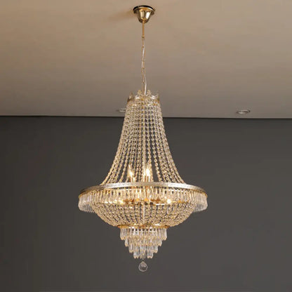 Decorbites crystal chandelier with gold-toned frame and cascading clear crystals for living room or hotel lobby lighting