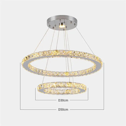 Modern decorbites crystal chandelier with double-ring design, crystal accents, and sleek chrome finish for living room lighting