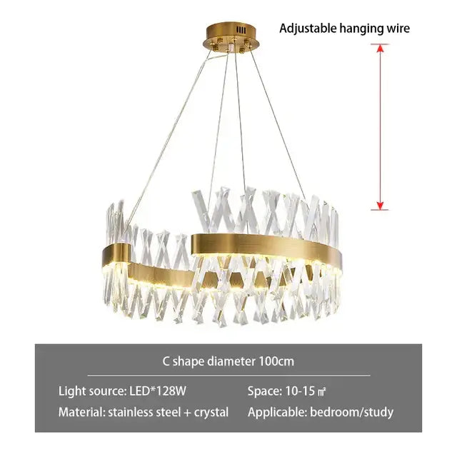 Gold-toned decorbites crystal chandelier with clear crystal accents and stainless steel frame for luxury lighting