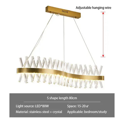 Gold-toned s-shaped decorbites crystal chandelier with clear crystal accents and stainless steel frame for luxury lighting