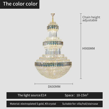 A multi-tiered decorbites crystal chandelier with gold electroplated frame and cascading k9 crystal for luxury lighting