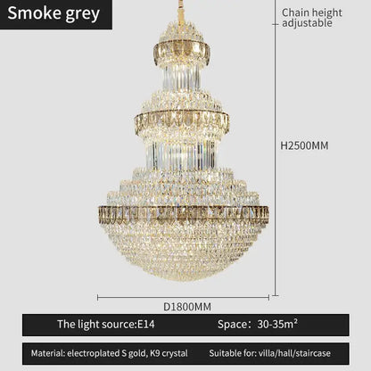 A multi-tiered smoke grey decorbites crystal chandelier with electroplated gold and k9 crystal luxury lighting for villas hotels offices and exhibitions