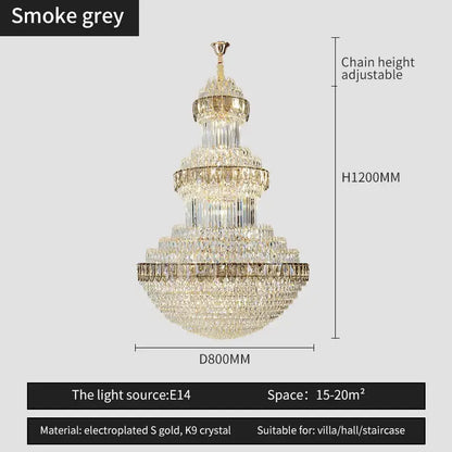 A multi-tiered smoke grey decorbites crystal chandelier with electroplated gold accents and k9 crystals for luxury lighting