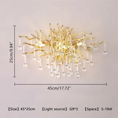 Decorbites crystal chandelier with gold-toned branching arms and dangling crystal droplets for luxury living decor lighting