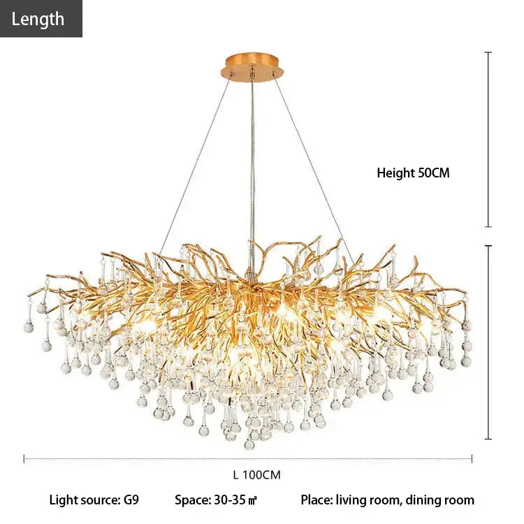 Golden branch style decorbites crystal chandelier with dangling crystal droplets for luxury living decor lighting fixture