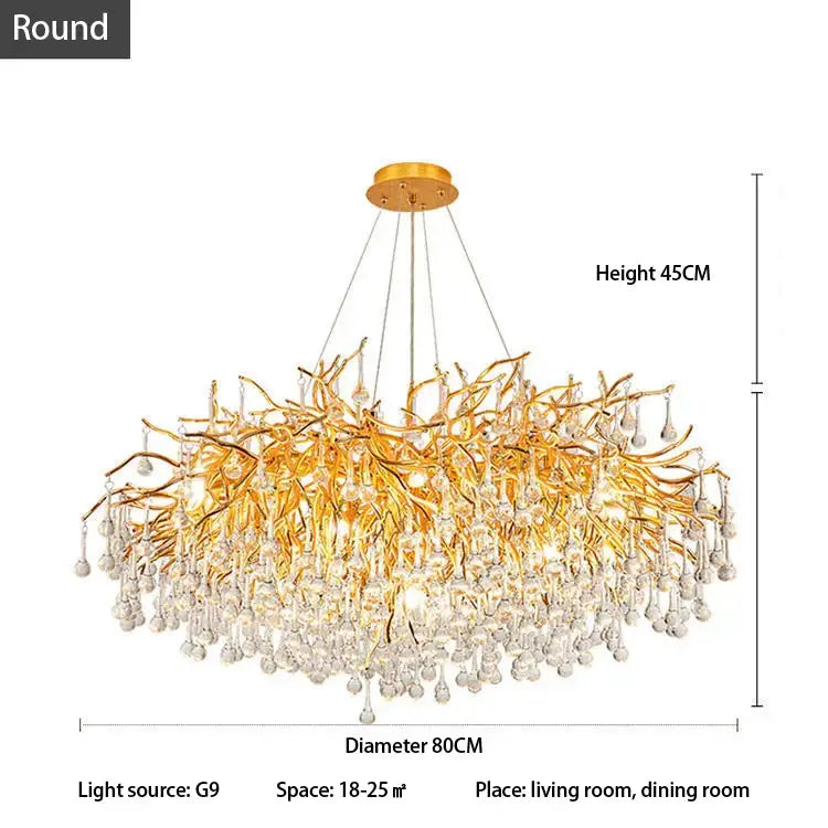 Golden branch style decorbites crystal chandelier with dangling crystal droplets for luxury living decor lighting fixture