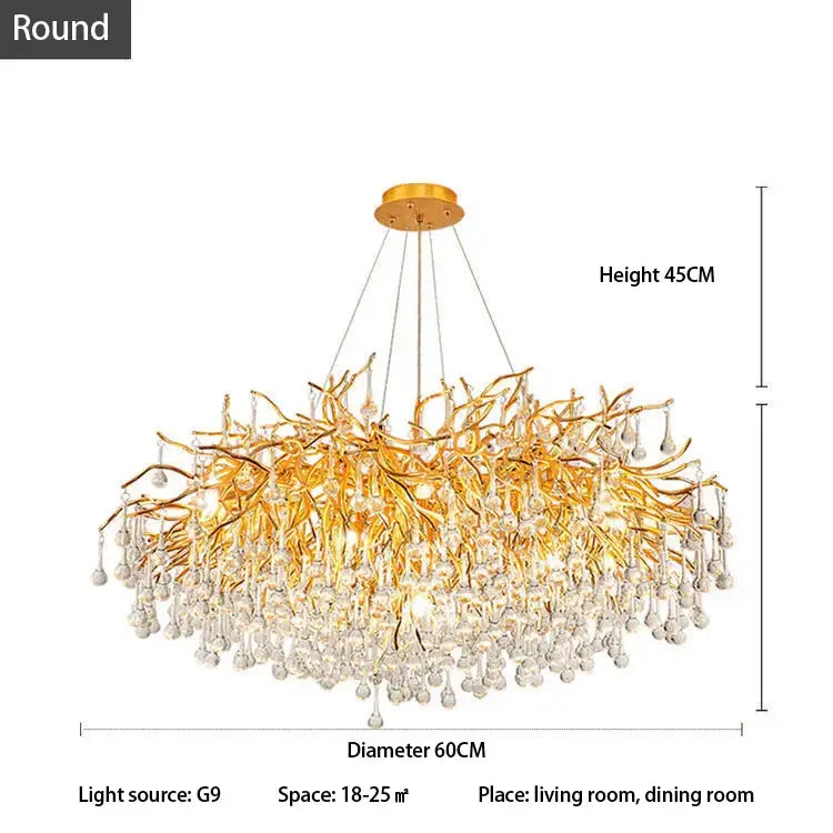 Gold-toned decorbites crystal chandelier with intricate branch-like arms and cascading clear crystal droplets for luxury lighting
