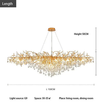 Golden branch-style decorbites crystal chandelier with dangling crystal droplets luxury living decor lighting fixture