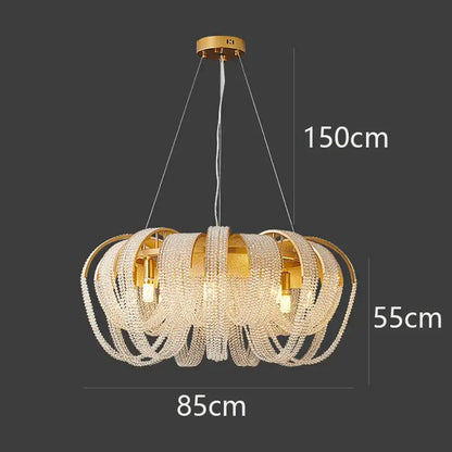 Gold-toned decorbites crystal chandelier with cascading clear crystal beads and circular metal frames for luxury living rooms