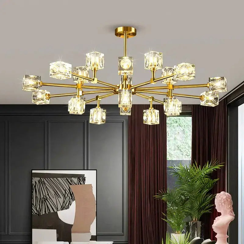Gold-toned decorbites crystal chandelier with multiple crystal cube lights for luxury living room and bedroom pendant light