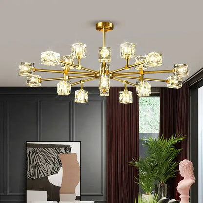 Gold-toned decorbites crystal chandelier with multiple crystal cube lights for luxury living room and bedroom pendant light