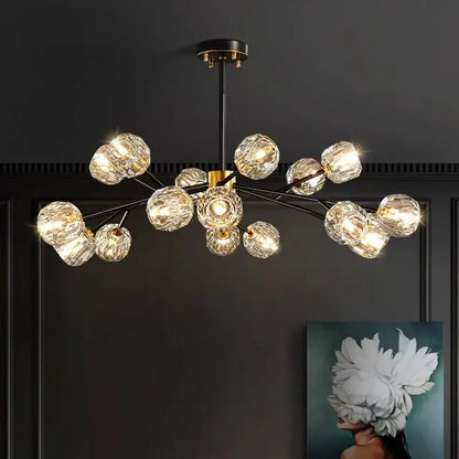 DecorBites crystal chandelier with clear faceted glass globe bulbs on black metal frame for living and dining rooms