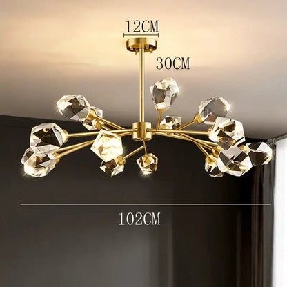 Gold-toned decorbites crystal chandelier with multiple faceted crystal pendants for luxury living room lighting