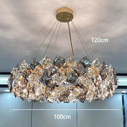 DecorBites crystal chandelier with 120cm diameter gold-toned mount and clear amber faceted crystals in geometric design