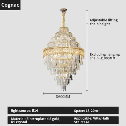 Gold electroplated decorbites crystal chandelier with cascading clear k9 crystal tiers for luxury living room lighting