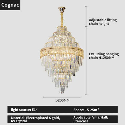 Decorbites crystal chandelier gold electroplated with cascading k9 crystal tiers and prisms for luxury living room lighting