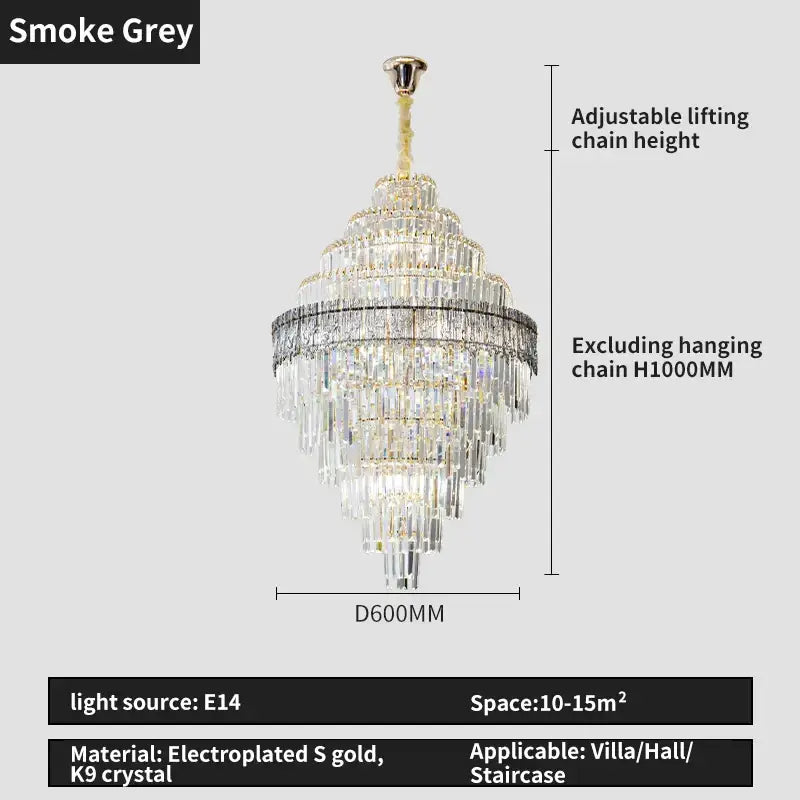 Elegant smoke grey decorbites crystal chandelier with electroplated gold and k9 crystal tiers for luxury living room lighting