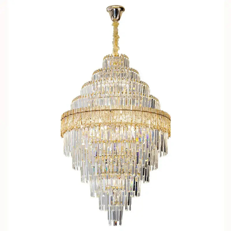 DecorBites crystal chandelier with multi-tiered clear glass prisms and gold-toned metal accents for luxury lighting