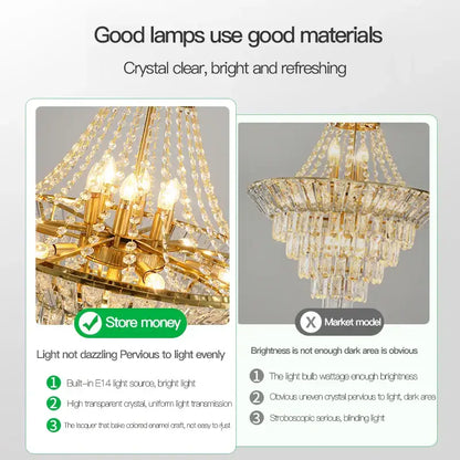 Decorbites crystal chandelier with gold tone and cascading crystal droplets featuring multiple illuminated bulbs for luxury villa lighting