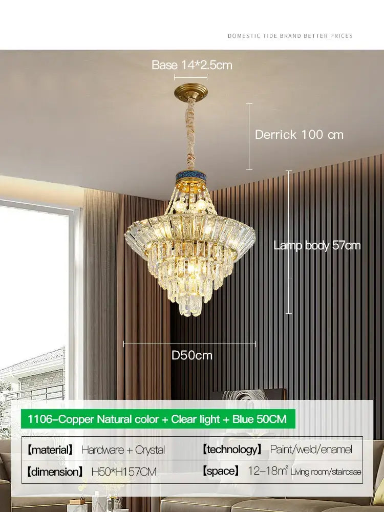 DecorBites crystal chandelier with copper frame clear crystals and blue accents luxury living room lighting for villa