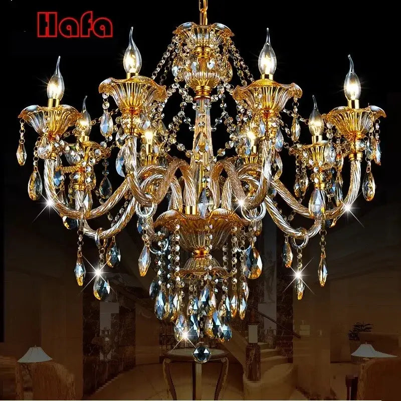 Golden decorbites crystal chandelier with intricate crystal droplets and ornate arms for luxury modern home lighting