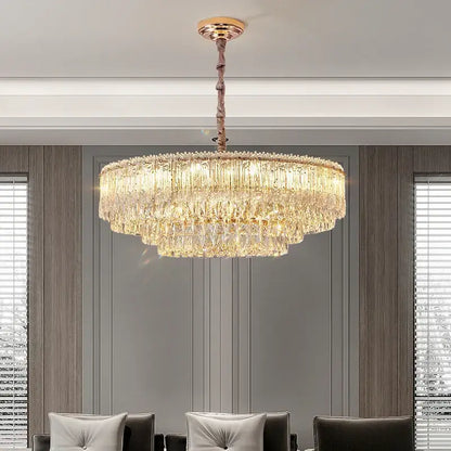 DecorBites crystal chandelier with gold metal frame and cascading clear crystals for luxury modern room lighting