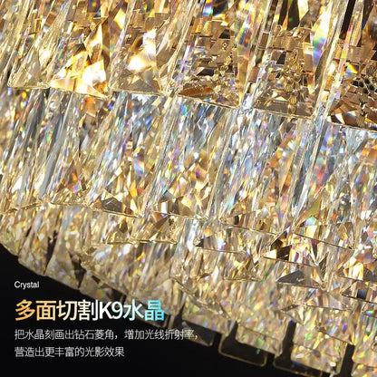 A decorbites crystal chandelier featuring faceted k9 crystal prisms in a cascading pattern for luxury room lighting