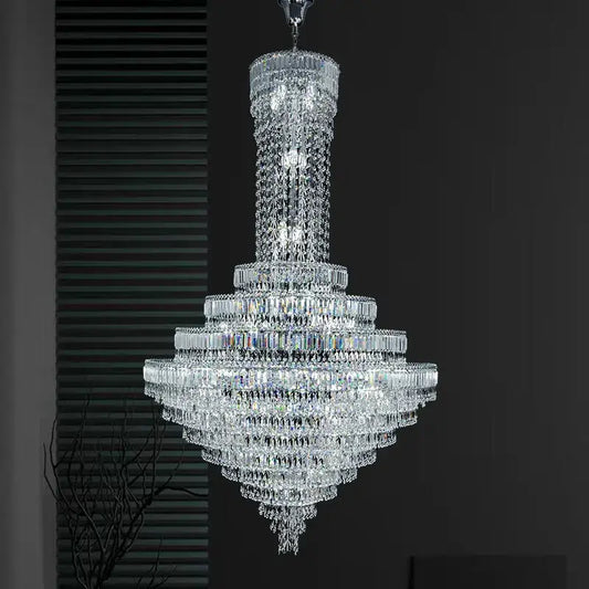 DecorBites crystal chandelier with cascading clear faceted crystals and polished metallic frame for luxury lighting