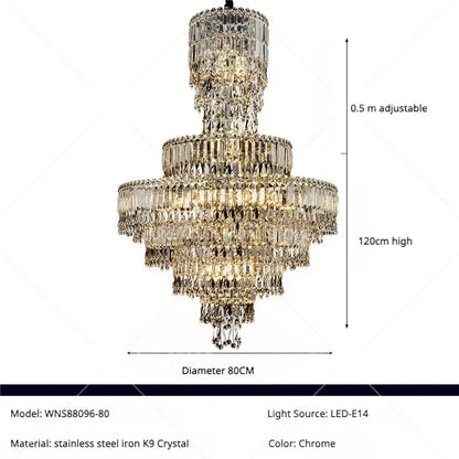 Chrome-finished decorbites crystal chandelier with cascading crystals and stainless steel frame for luxury staircase lighting